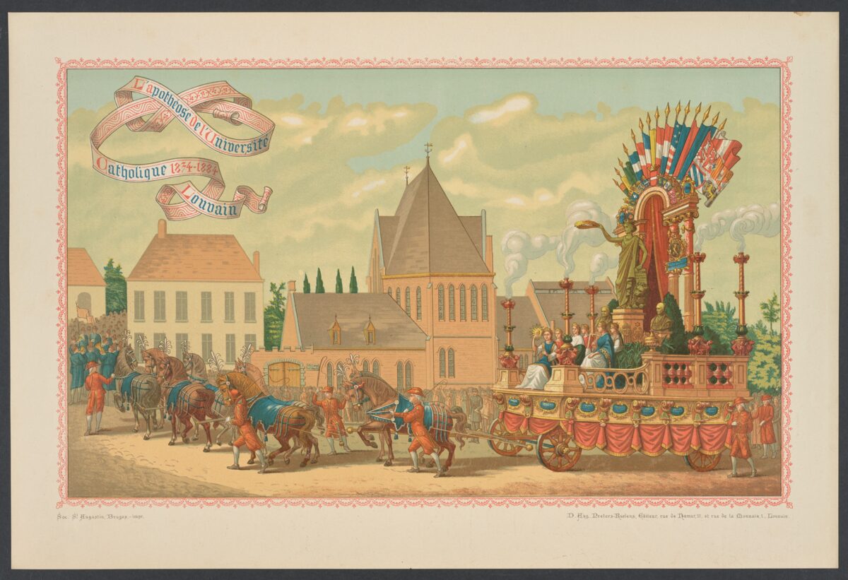 Het tweede anatomisch theater in het album van de praalstoet ter gelegenheid van 50 jaar Université Catholique de Louvain (1884).