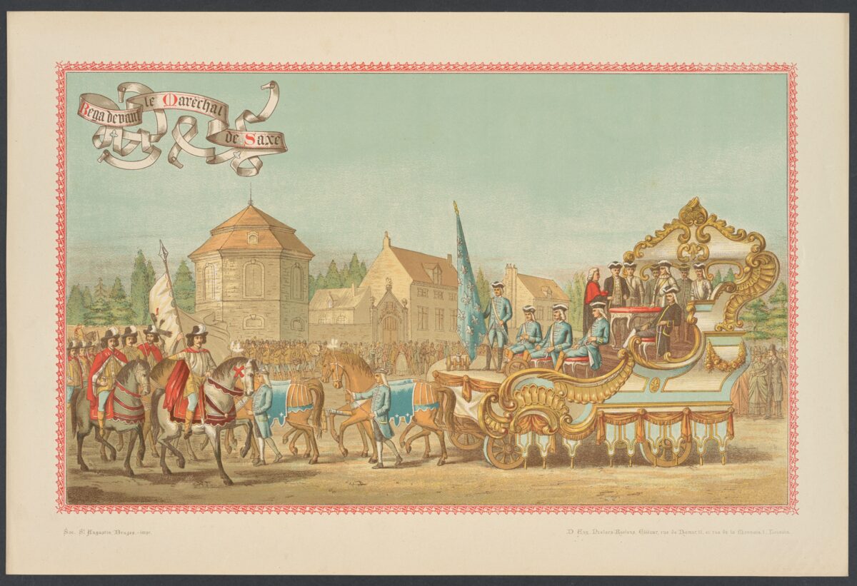 De Franse bevelhebber Maurits van Saksen en zijn lijfarts, professor Hendrik Rega, uit het album van de praalstoet uit 1884.