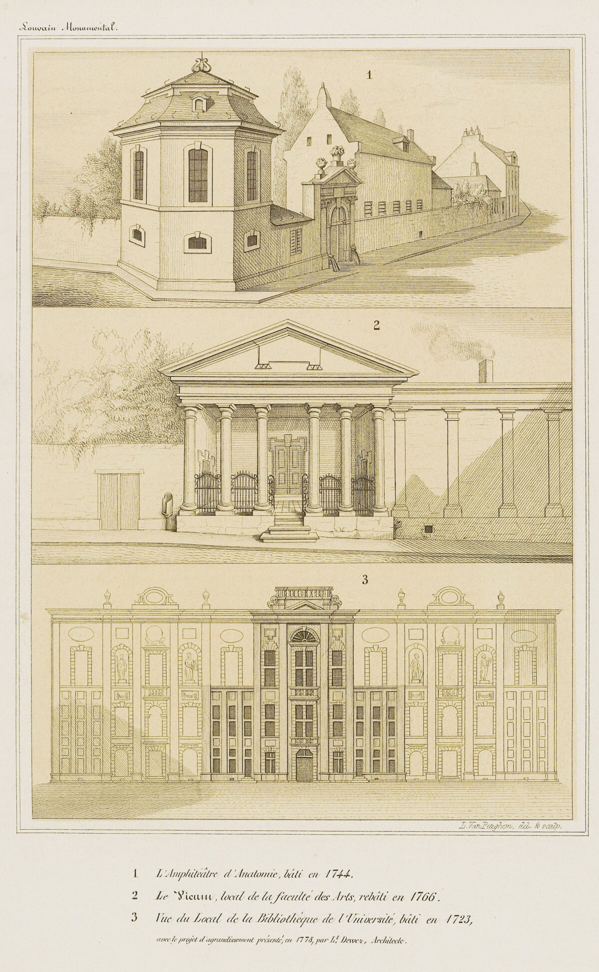 Het Eerste Anatomisch Theater, de Vicus Artium en de Rega-vleugel van de Universiteitshallen. Uit Louvain Monumental door Edward Van Even (1860).